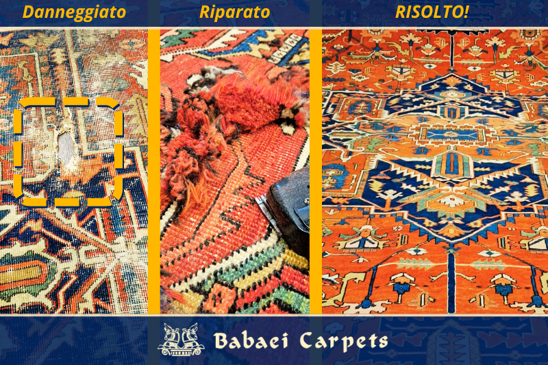 Riparazione buchi in tappeto tappeto antico persiano heriz, presso il punto vendita di via Giovanni da Procida n.14 a Milano